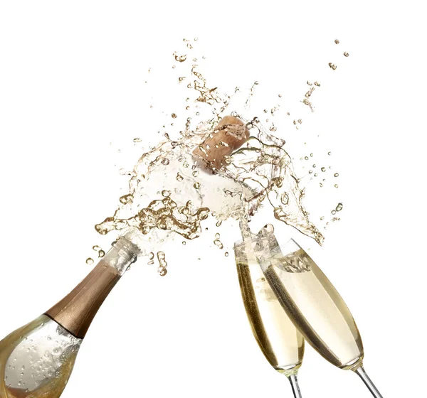 Sparkling Wine Splashing Out Bottle Glasses White Background — Stock Photo, Image