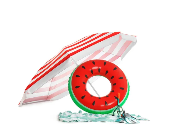 Open Striped Beach Umbrella Inflatable Ring Blanket Diving Equipment White — Stock Photo, Image
