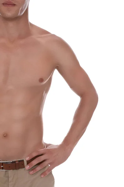 Shirtless Man Med Smal Kropp Isolerad Vit Närbild — Stockfoto