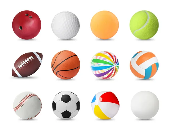 Set Met Verschillende Ballen Witte Achtergrond Sportuitrusting — Stockfoto