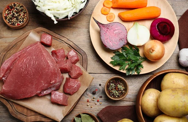 Ingredientes Frescos Para Borscht Mesa Madeira Flat Lay — Fotografia de Stock