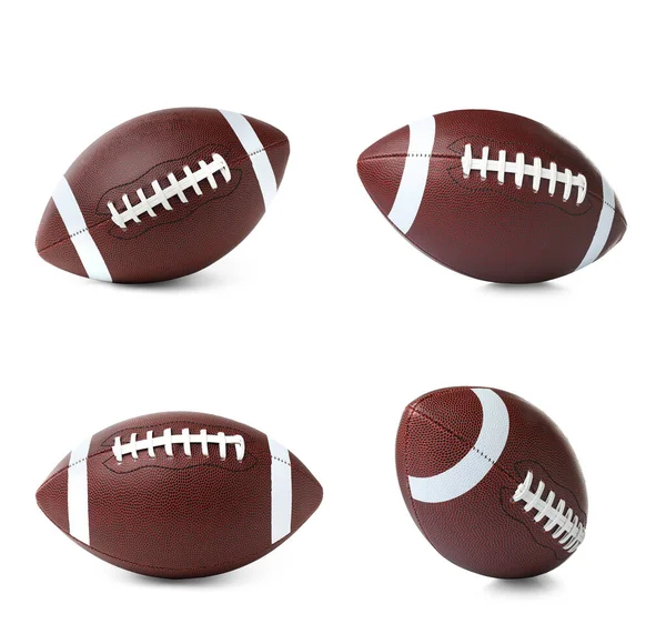 Set Met Lederen American Football Ballen Witte Achtergrond Voetbaluitrusting — Stockfoto