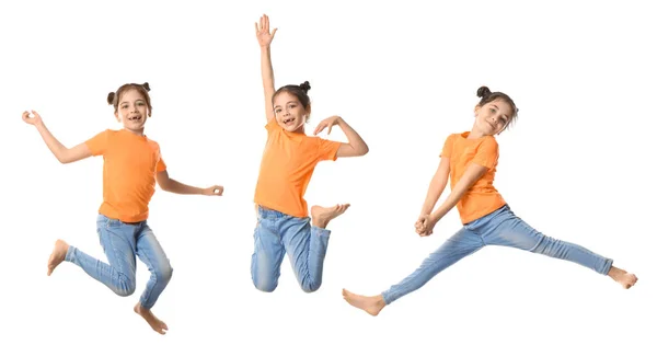 Cute Little Girl Jumping White Background Collage Banner Design — Stock Photo, Image