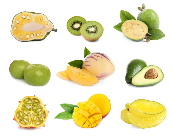 Set Different Tasty Exotic Fruits White Background — Stock Photo, Image