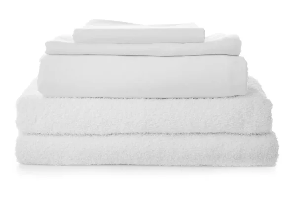 Stack Towels Bed Sheets White Background — Stock Photo, Image