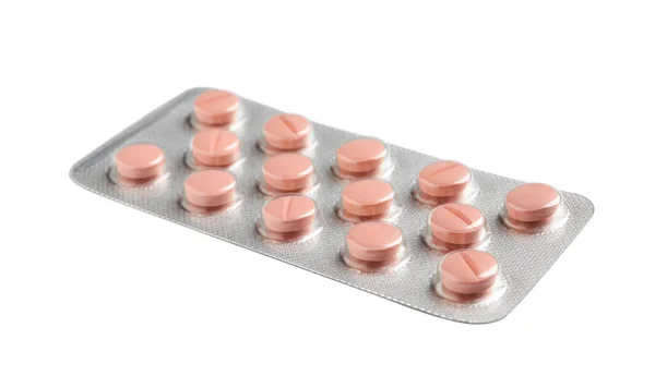 Blister Met Heldere Pillen Geïsoleerd Wit — Stockfoto