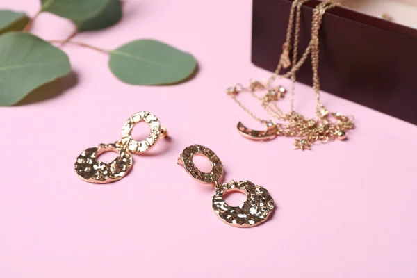 漂亮的珠宝和桉树叶子粉色背景 — 图库照片