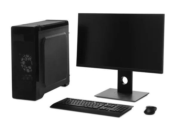 黒画面 システムユニット キーボードと白の背景にマウスと現代のコンピュータモニタ — ストック写真