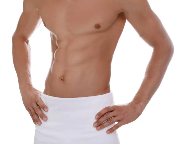 Póló Nélküli Férfi Vékony Testtel Törülközővel Csípője Köré Csavarva Fehér — Stock Fotó