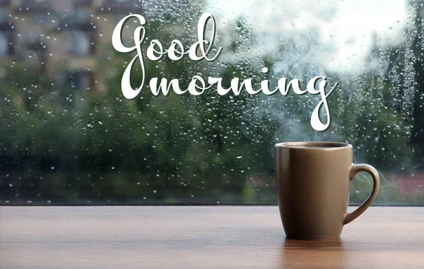 Cup Hot Drink Window Rainy Day Good Morning — Stock Photo, Image