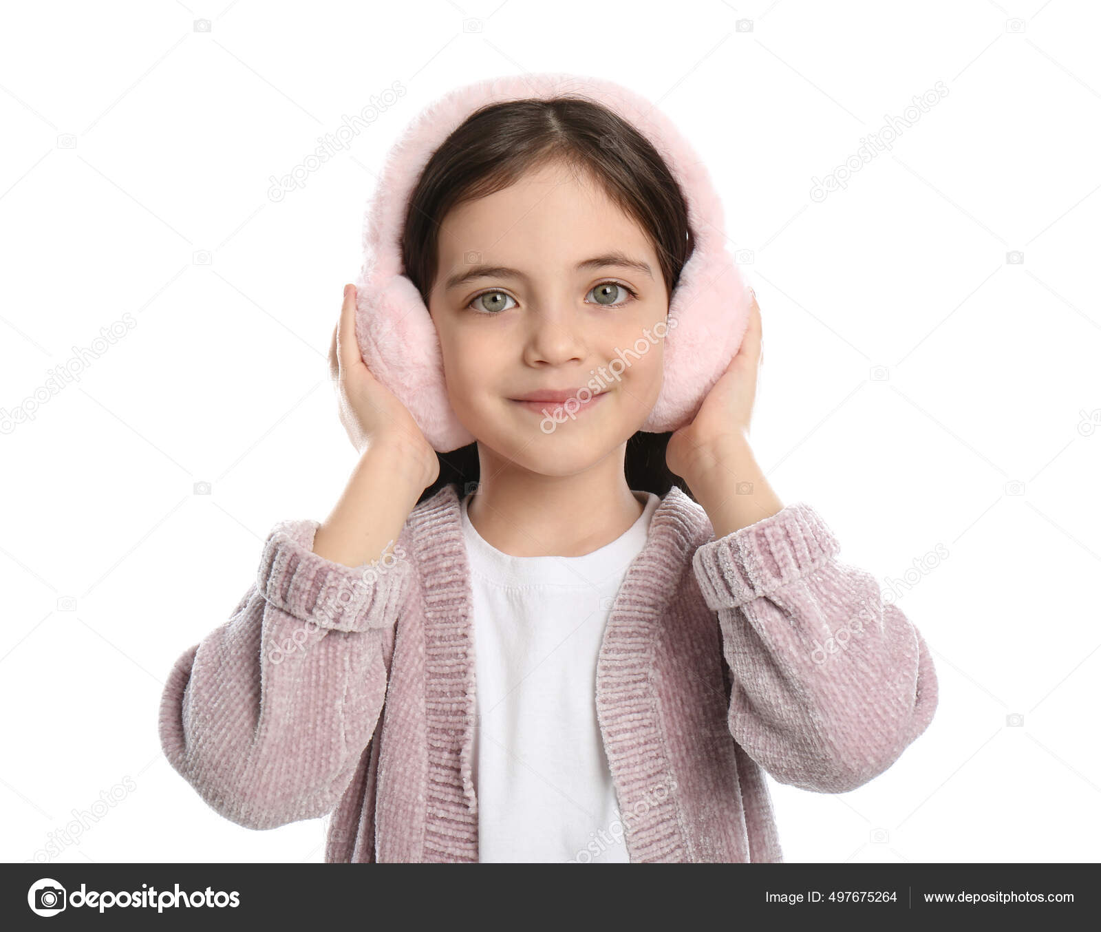 Cute Girl Wearing Stylish Earmuffs White Background Stock Photo by