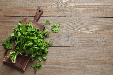 Ahşap masada taze aromatik kişniş var. Metin için boşluk