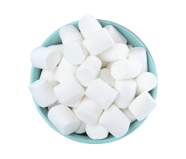 Heerlijke Gezwollen Marshmallows Schaal Witte Achtergrond Bovenaanzicht — Stockfoto