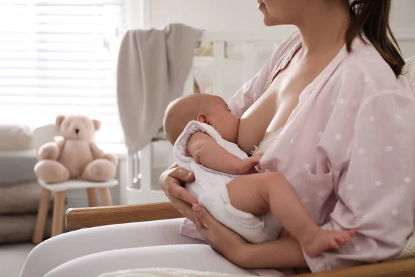 Young Woman Breastfeeding Her Little Baby Home Closeup Space Text — Stock Photo, Image