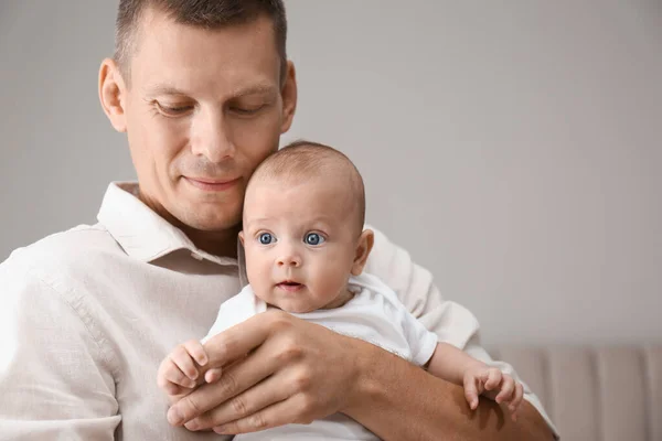 Happy Father Holding His Cute Baby Home Space Text — Stock Photo, Image
