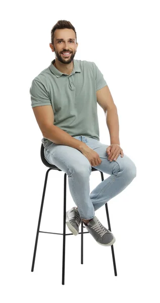 Handsome Man Sitting Stool White Background — Stock Photo, Image