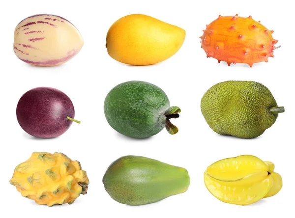 Set Different Tasty Exotic Fruits White Background — Stock Photo, Image