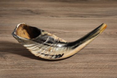 Shofar ahşap masada. Rosh Hashanah bayram sembolü