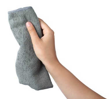 Beyaz arka planda mikrofiber kumaşlı kadın, yakın plan.