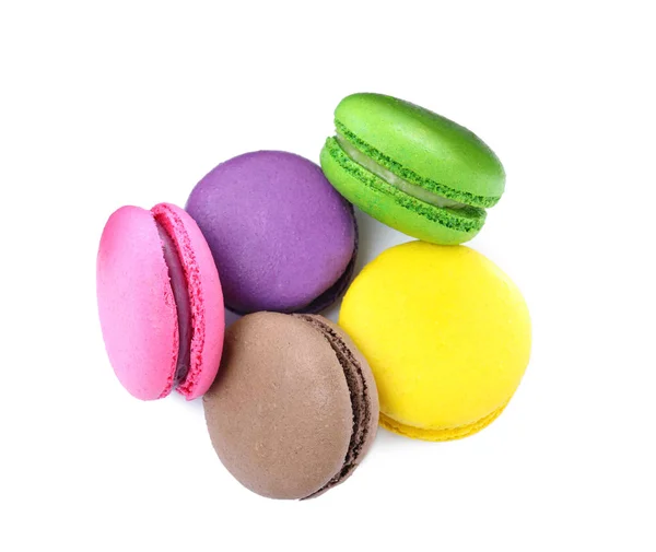 Différents Délicieux Macarons Colorés Sur Fond Blanc Vue Dessus — Photo