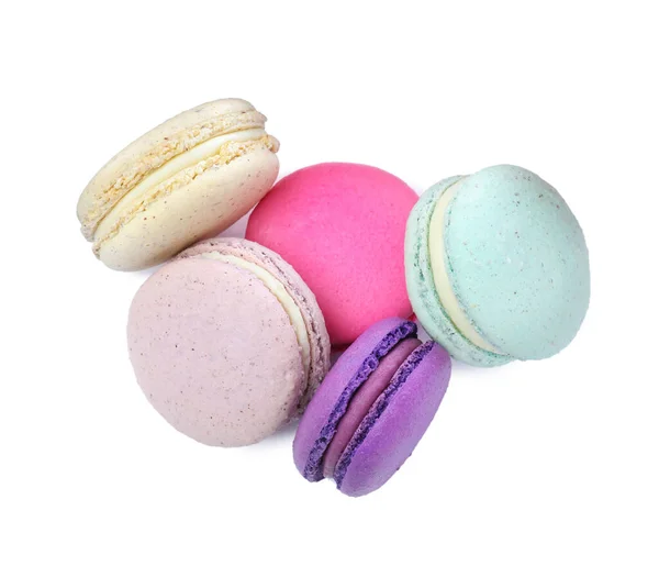 Diferentes Deliciosos Macarons Coloridos Sobre Fondo Blanco Vista Superior — Foto de Stock