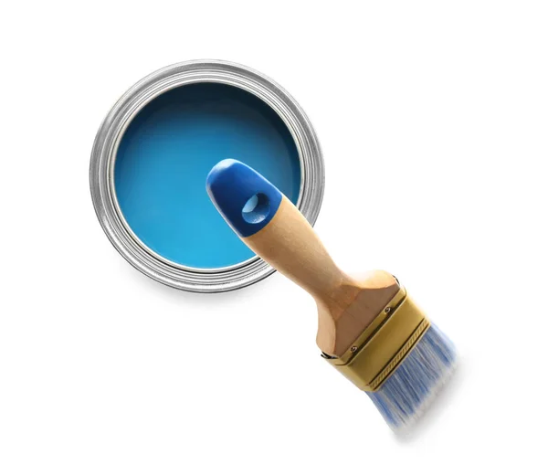 Blikje Blauwe Verf Penseel Witte Achtergrond Bovenaanzicht — Stockfoto