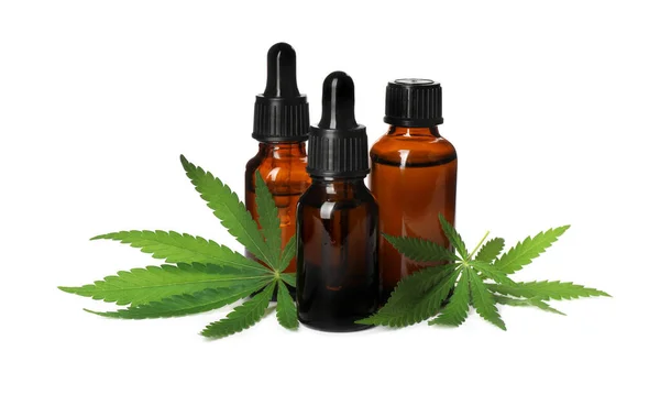 Cbd Oil Thc Tincture Hemp Leaves White Background — Stock Photo, Image