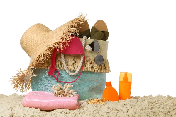 Stylish Bag Beach Accessories Sand White Background — Stock Photo, Image