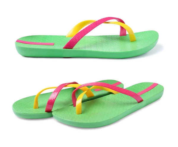 Paar Groene Teenslippers Witte Achtergrond Collage — Stockfoto