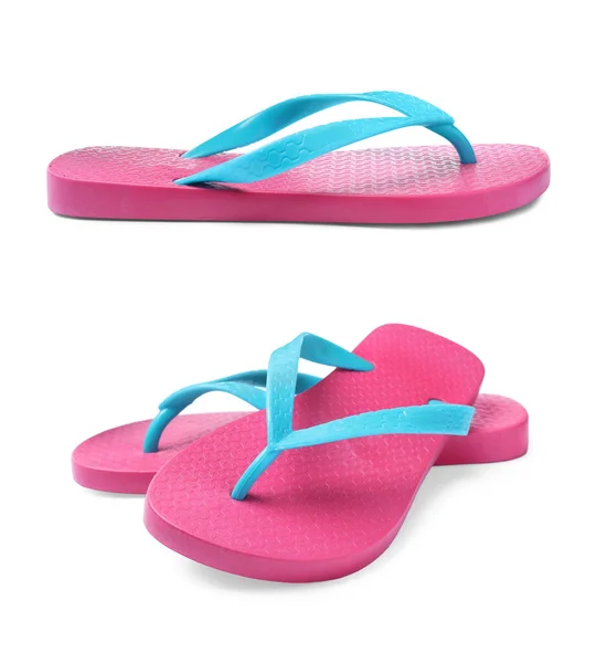 Roze Teenslippers Witte Achtergrond Collage — Stockfoto