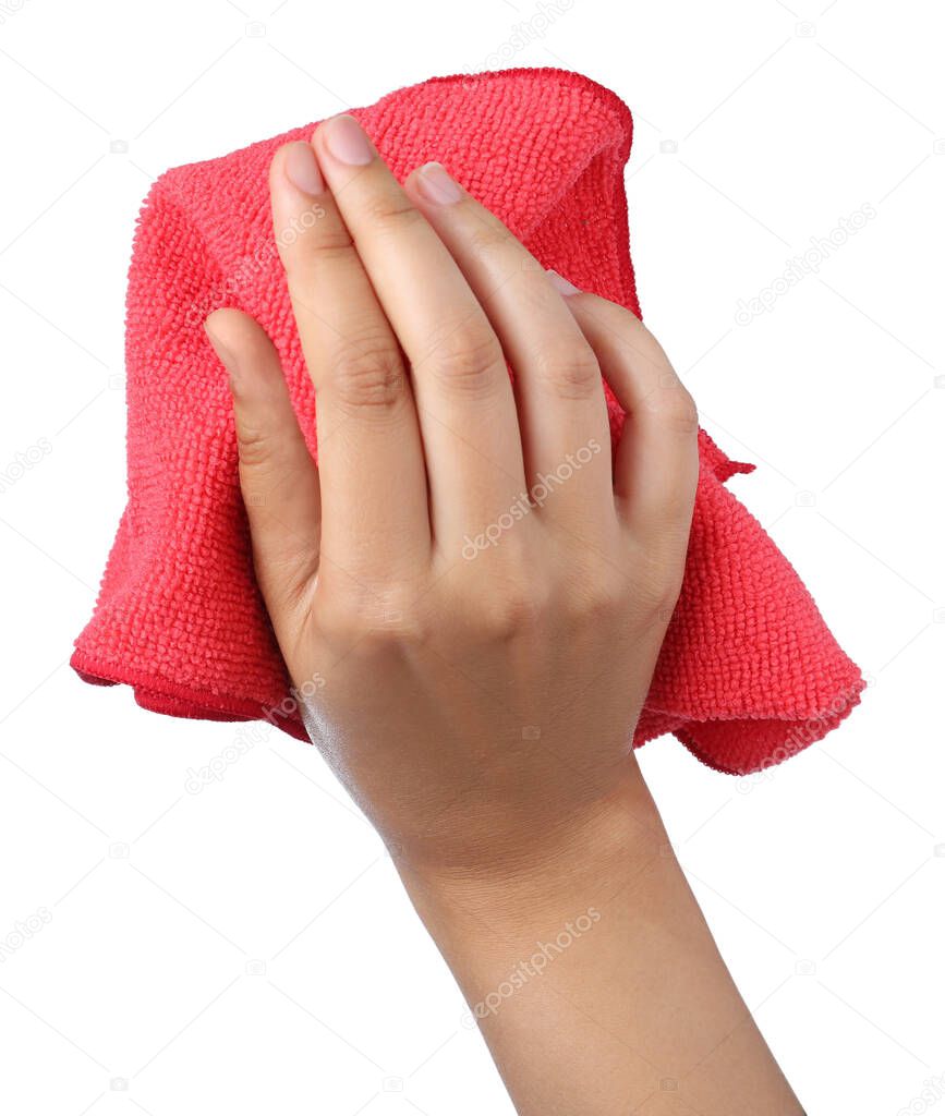 Woman with microfiber cloth on white background, closeup