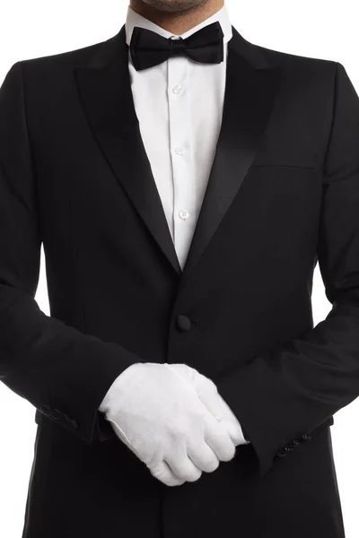 Butler Elegant Uniform Vit Bakgrund Närbild — Stockfoto
