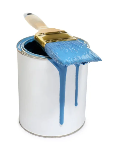 Beyaz Arkaplanda Fırça Ile Mavi Boya Kutusu — Stok fotoğraf