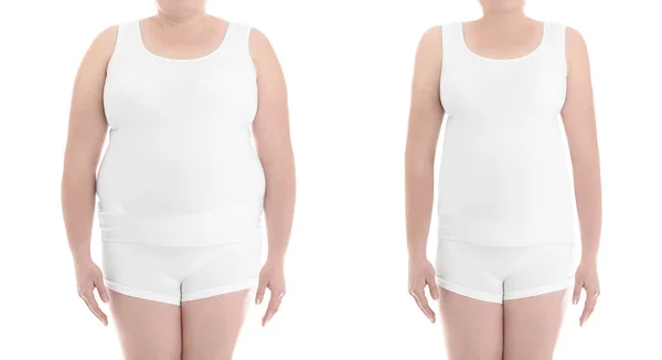 前と後の女性の写真とコラージュ白い背景に減量の食事療法 クローズアップ — ストック写真