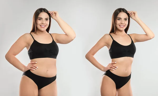 Collage Con Fotos Mujer Antes Después Dieta Pérdida Peso Sobre — Foto de Stock