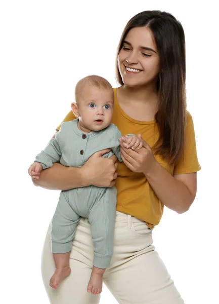 Mãe Bonita Com Seu Bebê Bonito Fundo Branco — Fotografia de Stock