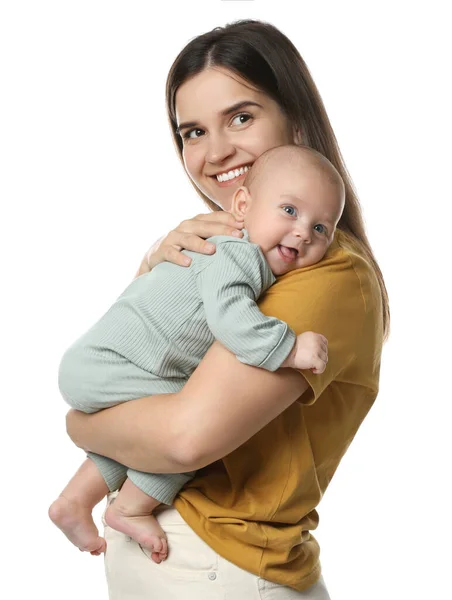 Vacker Mor Med Sin Söta Baby Vit Bakgrund — Stockfoto