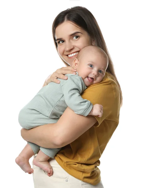 Belle Mère Avec Son Joli Bébé Sur Fond Blanc — Photo