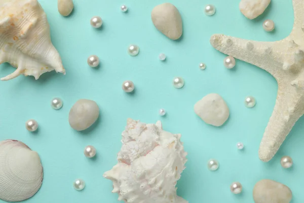 Beautiful Sea Shells Starfish Pearls Pebbles Light Blue Background Flat — Stock Photo, Image