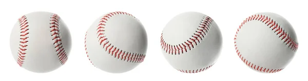 Geleneksel Beyzbol Toplarıyla Beyaz Arka Plan Pankart Tasarımı Spor Ekipmanları — Stok fotoğraf
