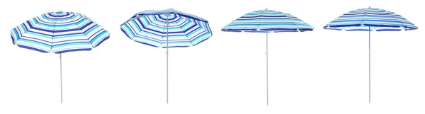白い背景に縞模様のビーチ傘で設定します バナーデザイン — ストック写真