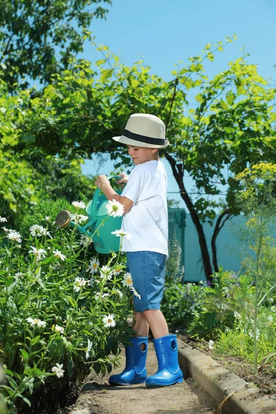 Menino Regando Flores Belo Jardim — Fotografia de Stock