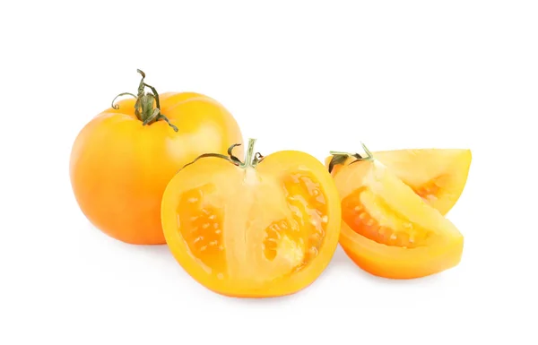 Cut Whole Yellow Tomatoes White Background — Stock Photo, Image