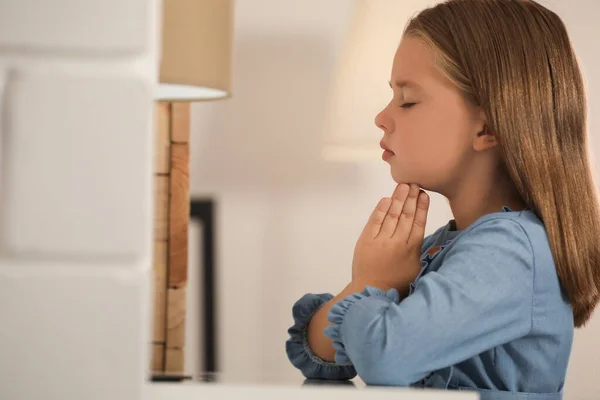 Cute Little Girl Hands Clasped Together Praying Home Space Text — Stock Photo, Image