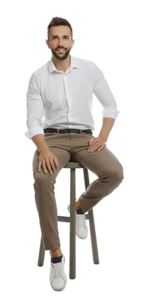 Handsome Man Sitting Stool White Background — Stock Photo, Image