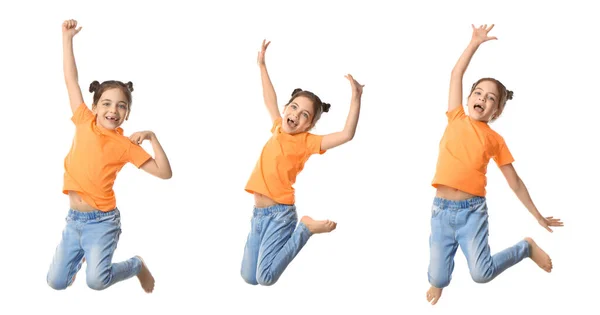 白い背景でジャンプするかわいい女の子 コラージュ バナーデザイン — ストック写真