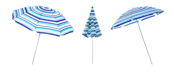 白い背景に縞模様のビーチ傘で設定します バナーデザイン — ストック写真