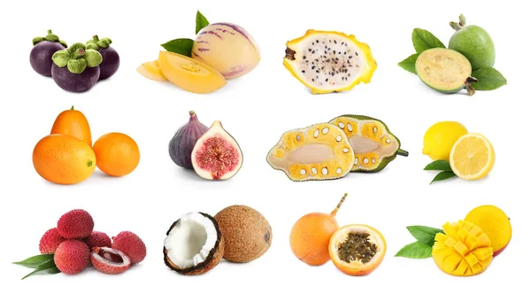Set Con Diferentes Frutas Exóticas Sabrosas Sobre Fondo Blanco —  Fotos de Stock