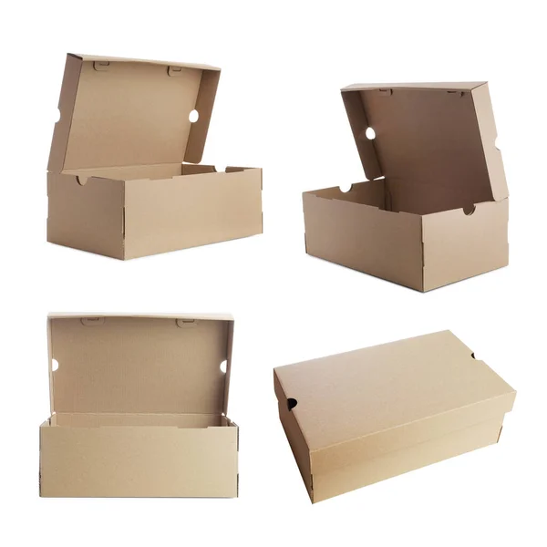 Set Con Cajas Cartón Para Zapatos Sobre Fondo Blanco —  Fotos de Stock