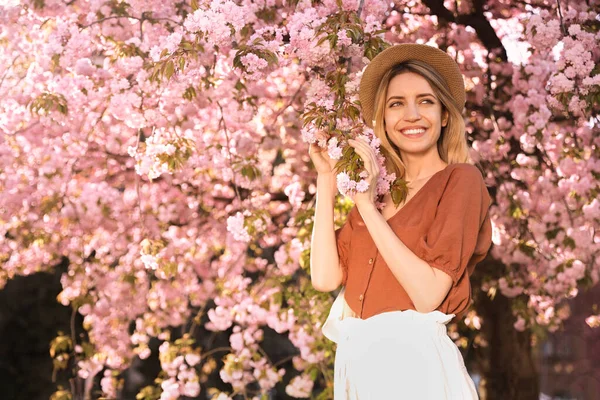 Junge Frau Stylischem Outfit Der Nähe Der Blühenden Sakura Park — Stockfoto